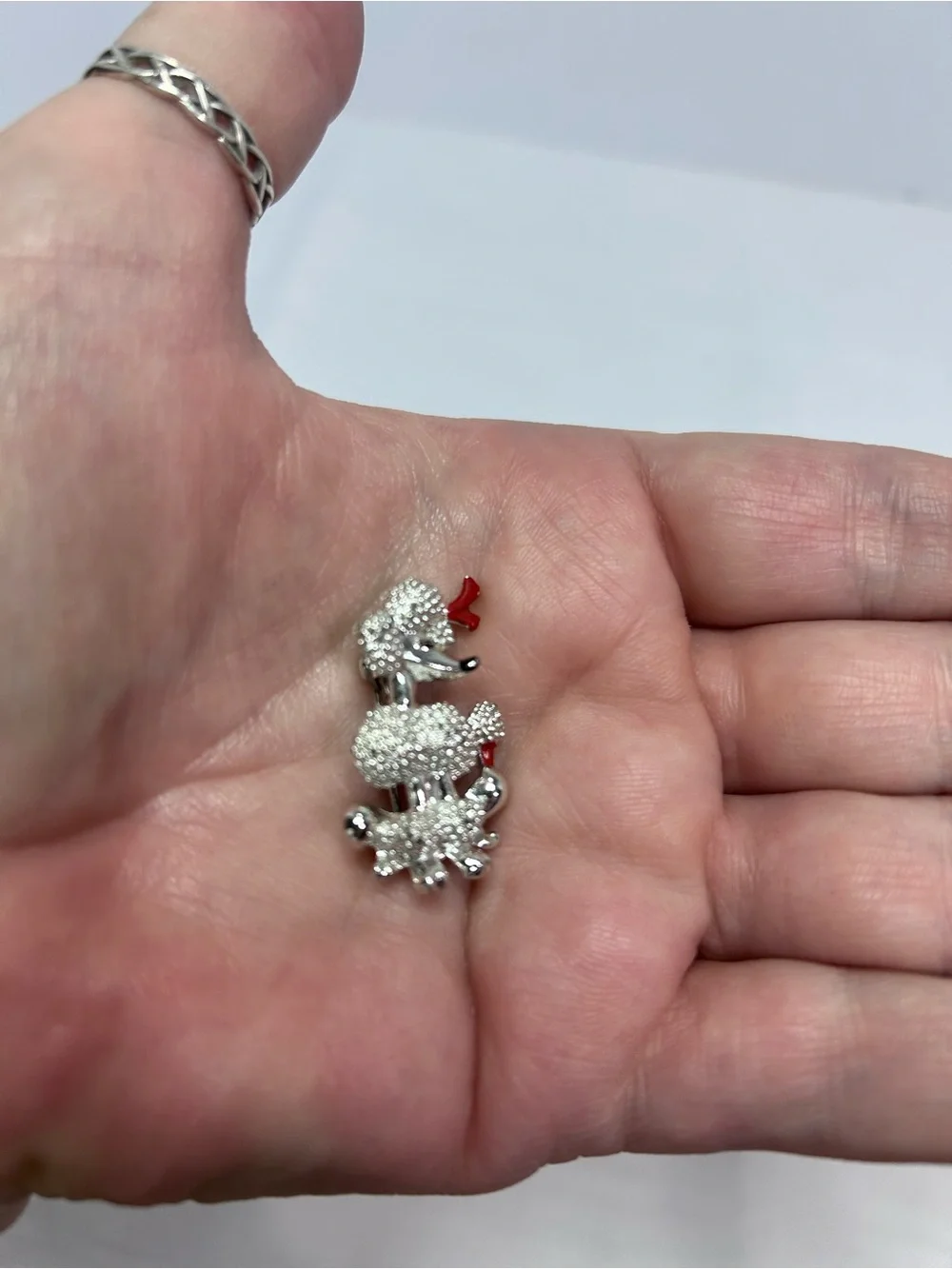 Silver Tone Poodle Brooch with Red Accent